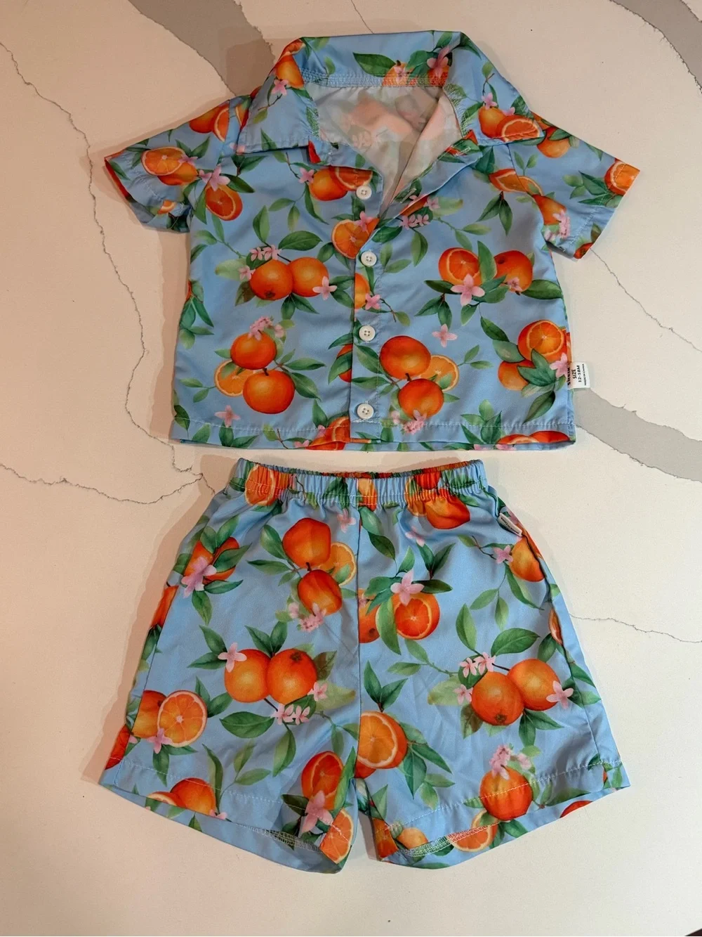 SHEIN Baby Boys Orange Print Button-Up Shirt & Swim Shorts Set 12-18M